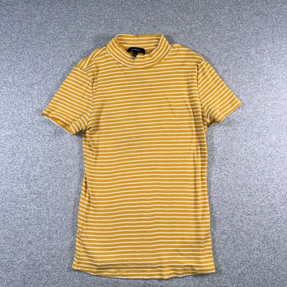 Ambiance Yellow White Striped Mock Neck Top Juniors L Ribbed SS Retro Tee